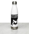 Gravity Is a Myth white 500 ml steel water bottle, front view with full black climber illustration