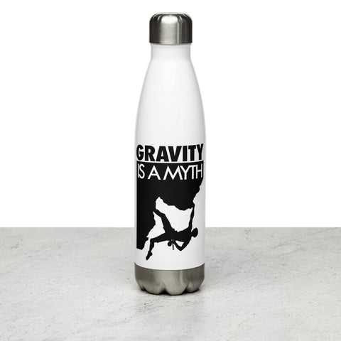 Gravity Is a Myth white 500 ml steel water bottle, front view with full black climber illustration