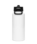 Plain reverse of the white 950 ml insulated water bottle with black straw lid and carry handle.