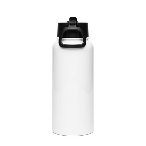 Plain reverse of the white 950 ml insulated water bottle with black straw lid and carry handle.