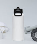 Plain reverse of the white 950 ml insulated water bottle with black straw lid and carry handle.