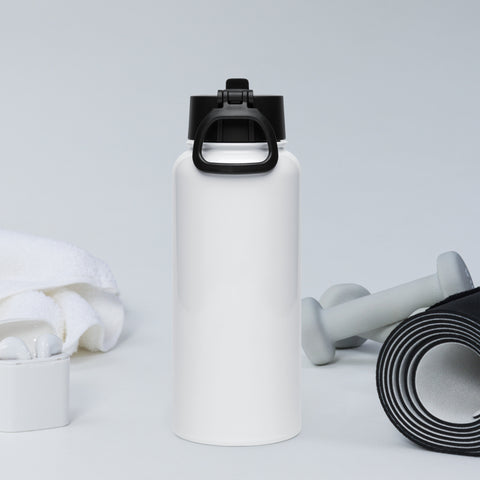 Plain reverse of the white 950 ml insulated water bottle with black straw lid and carry handle.