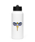 White 950 ml insulated straw water bottle with a colourful Buddha Wisdom Eyes emblem on the front.