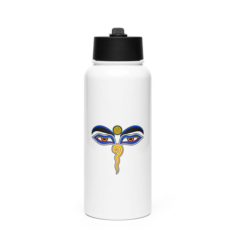 White 950 ml insulated straw water bottle with a colourful Buddha Wisdom Eyes emblem on the front.
