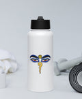 White 950 ml insulated straw water bottle with a colourful Buddha Wisdom Eyes emblem on the front, displayed beside exercise accessories.