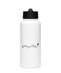 Travel More, Worry Less 950 ml white straw water bottle – front graphic view on white