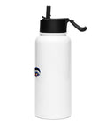 White 950 ml Buddha Wisdom Eyes water bottle, left side view with black straw lid.