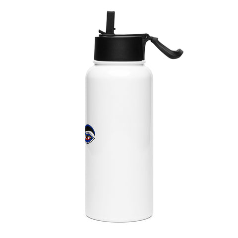 White 950 ml Buddha Wisdom Eyes water bottle, left side view with black straw lid.