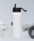 White 950 ml Buddha Wisdom Eyes water bottle, left side view with black straw lid.