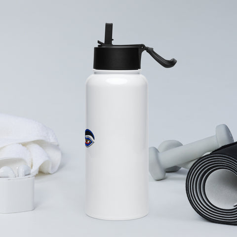 White 950 ml Buddha Wisdom Eyes water bottle, left side view with black straw lid.