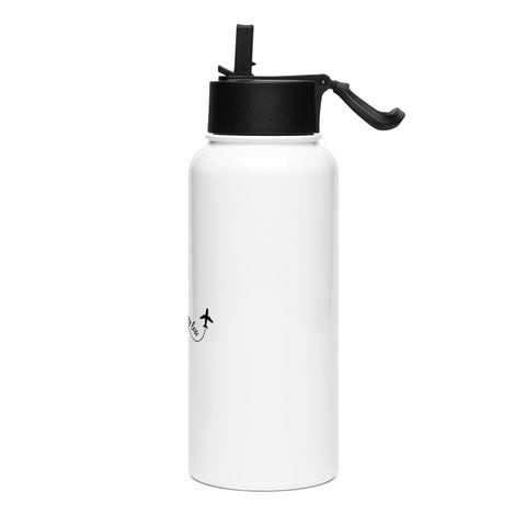 Travel More, Worry Less 950 ml white straw water bottle – left side view on white