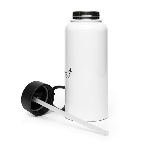 Travel More, Worry Less 950 ml white straw water bottle – left side view alternate mockup