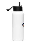 White 950 ml Buddha Wisdom Eyes water bottle, right side view with black straw lid.