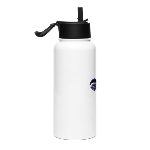 White 950 ml Buddha Wisdom Eyes water bottle, right side view with black straw lid.