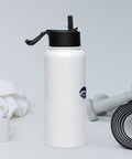 White 950 ml Buddha Wisdom Eyes water bottle, right side view with black straw lid.