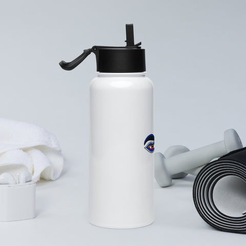 White 950 ml Buddha Wisdom Eyes water bottle, right side view with black straw lid.