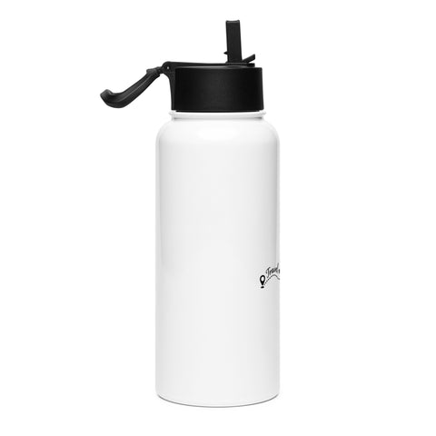 Travel More, Worry Less 950 ml white straw water bottle – right side view on white