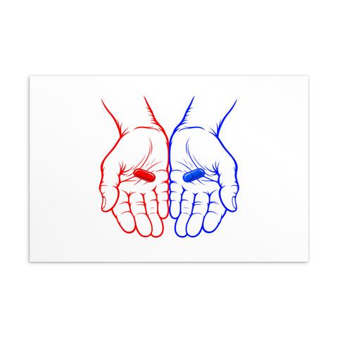 Choose Your Path 4 × 6-inch white postcard with red and blue hands each holding a capsule – view 1