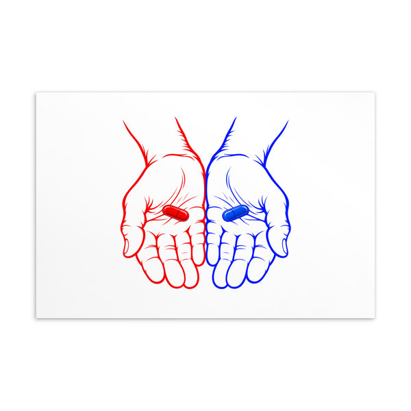 Choose Your Path 4 × 6-inch white postcard with red and blue hands each holding a capsule – view 1
