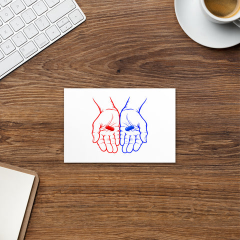 Choose Your Path 4 × 6-inch white postcard with red and blue hands each holding a capsule – view 2