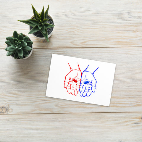 Choose Your Path 4 × 6-inch white postcard with red and blue hands each holding a capsule – view 3