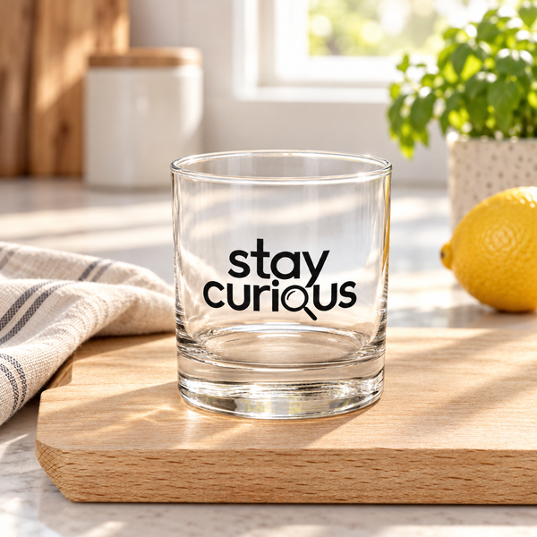 Clear Stay Curious rocks glass on a wooden board in a sunlit kitchen beside a linen cloth, lemon and green plant.