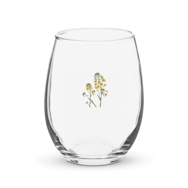 Golden Wildflowers 15 oz clear stemless wine glass – front with small complete mustard-yellow botanical illustration, view 1