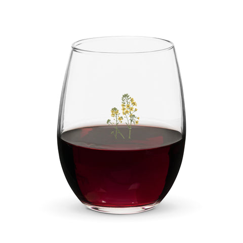 Golden Wildflowers 15 oz clear stemless wine glass – front with small complete mustard-yellow botanical illustration, view 5