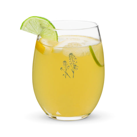 Golden Wildflowers 15 oz clear stemless wine glass – front with small complete mustard-yellow botanical illustration, view 9