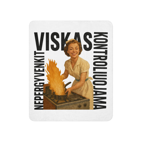 Viskas Kontroliuojama sherpa blanket with full Lithuanian lettering, smiling retro cook and flaming pan illustration