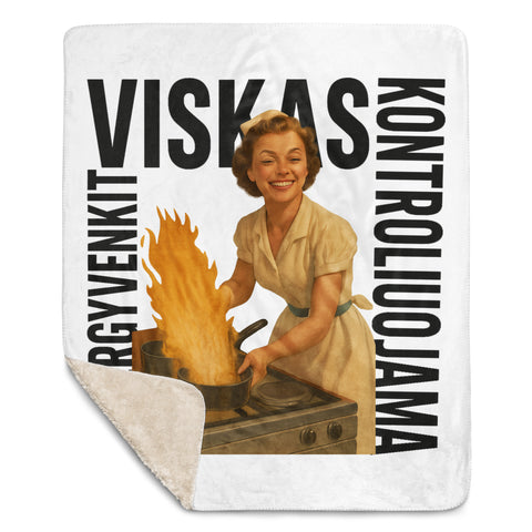 Viskas Kontroliuojama sherpa blanket with full Lithuanian lettering, smiling retro cook and flaming pan illustration