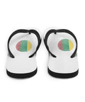 Lithuanian Fingerprint white flip-flops with red green and yellow prints and black straps – back view