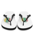 Lithuanian Fingerprint white flip-flops with red green and yellow prints and black straps – front view