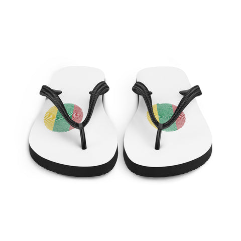 Lithuanian Fingerprint white flip-flops with red green and yellow prints and black straps – front view