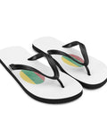 Lithuanian Fingerprint white flip-flops with red green and yellow prints and black straps – front-right view