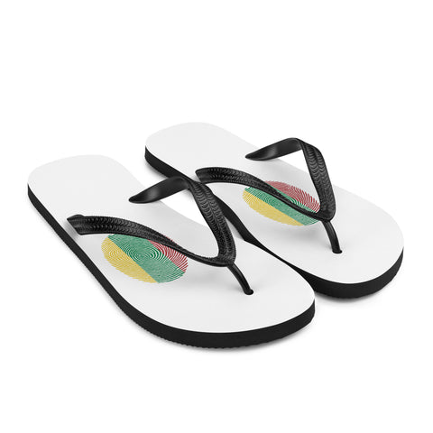 Lithuanian Fingerprint white flip-flops with red green and yellow prints and black straps – front-right view