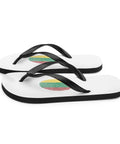 Lithuanian Fingerprint white flip-flops with red green and yellow prints and black straps – left side