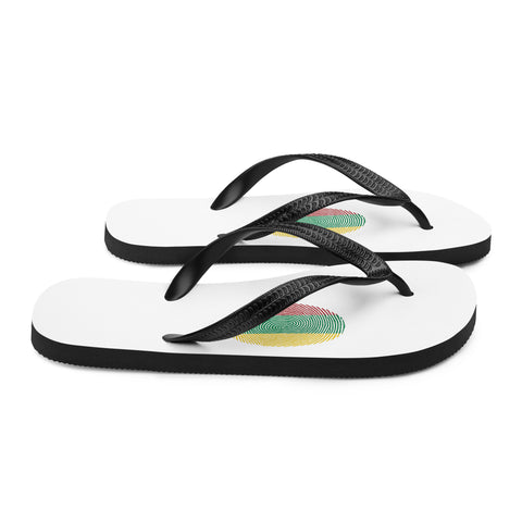 Lithuanian Fingerprint white flip-flops with red green and yellow prints and black straps – right side