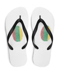 Lithuanian Fingerprint white flip-flops with red green and yellow prints and black straps – top view