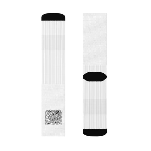 Right white Celtic Eagle crew sock, showing complete grey knotwork front and plain reverse with black heel and toe