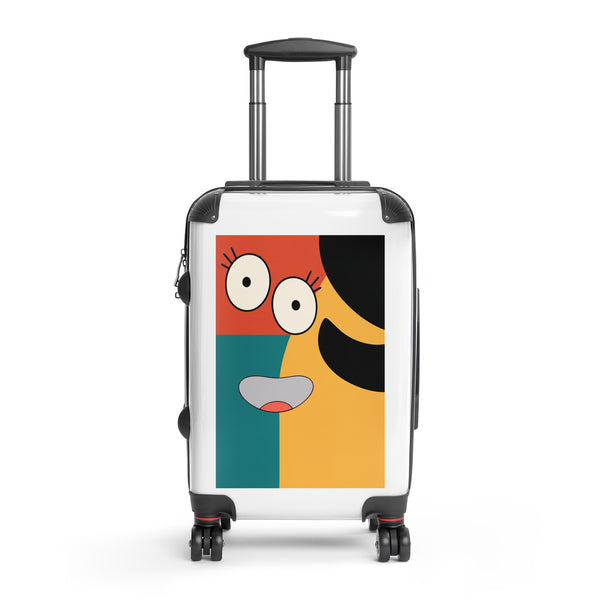 Colour Block Smile small hard-shell suitcase with full red, teal and yellow face graphic on white front – view 1