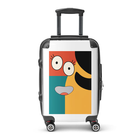Colour Block Smile small hard-shell suitcase with full red, teal and yellow face graphic on white front – view 2