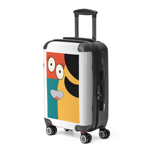 Colour Block Smile small hard-shell suitcase with full red, teal and yellow face graphic on white front – view 4