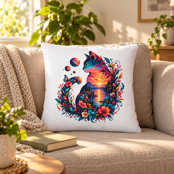 White Sunset Cat decorative pillow on a beige sofa in a sunlit living room beside a book and green plants.