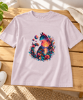 Washed Lavender Sunset Cat women’s tee laid on a wooden bench in a sunlit room beside a green plant, white sneakers and a neutral throw.