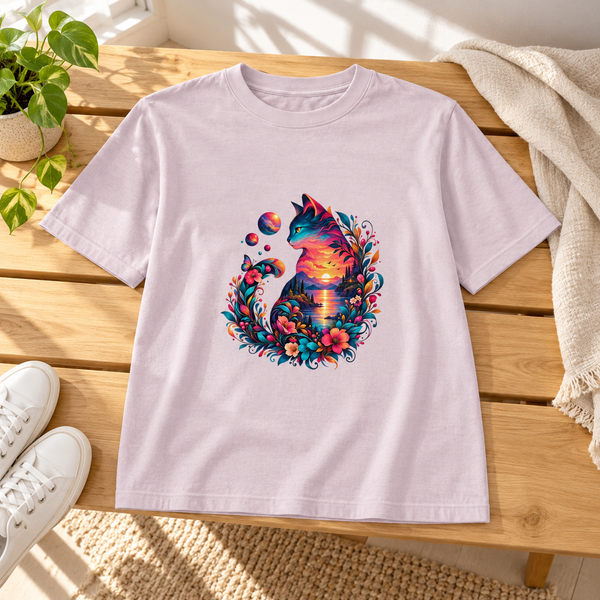 Washed Lavender Sunset Cat women’s tee laid on a wooden bench in a sunlit room beside a green plant, white sneakers and a neutral throw.