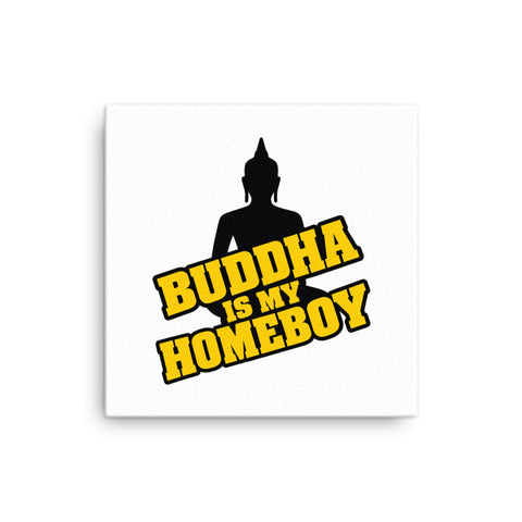 Buddha Is My Homeboy slim 12-inch square canvas with yellow typography and seated black silhouette on white – display view 1
