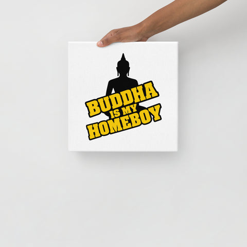 Buddha Is My Homeboy slim 12-inch square canvas with yellow typography and seated black silhouette on white – display view 2