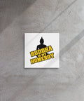 Buddha Is My Homeboy slim 12-inch square canvas with yellow typography and seated black silhouette on white – display view 3