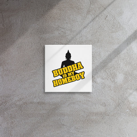 Buddha Is My Homeboy slim 12-inch square canvas with yellow typography and seated black silhouette on white – display view 3